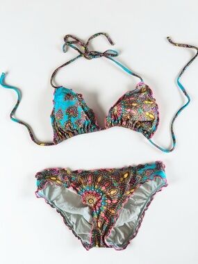 Boho Paisley Bikini Set Colorful Festival Swimwear Adjustable Top L